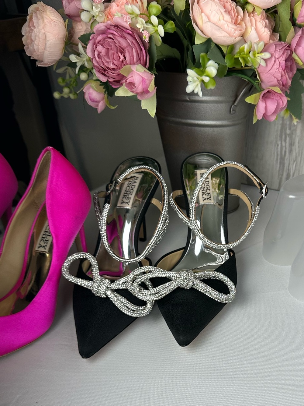 Badgley Mischka Black Pointed Toe Crystal-Knot Ankle-Strap Heels